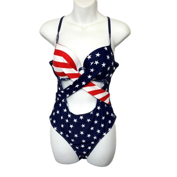 Patriotic Red White Blue One Piece Swimwear Size M NWT - Picture 1 of 8
